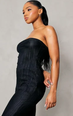 Black Plisse Longline Bandeau Top