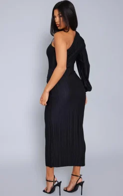 Black Plisse One Shoulder Ruched Midaxi Dress
