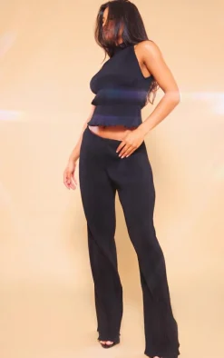 Black Plisse Woven Wide Leg Pants