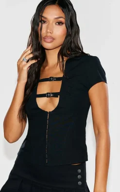 Black Plunge Buckle Detail Corset Shirt