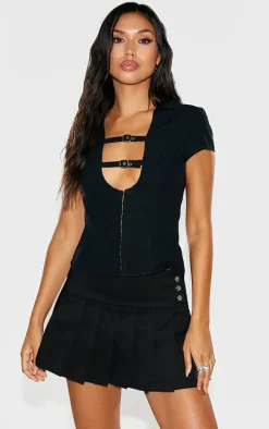 Black Plunge Buckle Detail Corset Shirt
