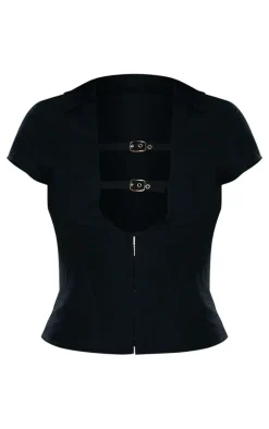 Black Plunge Buckle Detail Corset Shirt