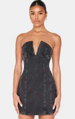Black Plunge Detail Strapless Denim Mini Dress