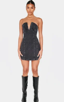 Black Plunge Detail Strapless Denim Mini Dress