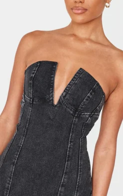 Black Plunge Detail Strapless Denim Mini Dress