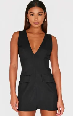 Black Plunge Pocket Detail Mini Dress