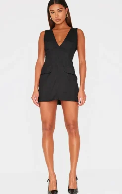 Black Plunge Pocket Detail Mini Dress