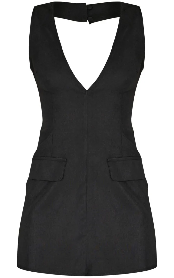 Black Plunge Pocket Detail Mini Dress