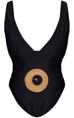 Black Plunge Rattan Belted High Leg Swimsuit