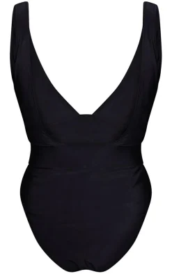 Black Plunge Rattan Belted High Leg Swimsuit