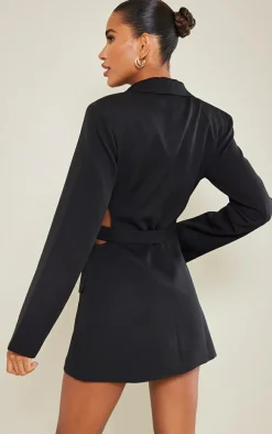 Black Plunge Side Cut Out Tie Detail Blazer Dress