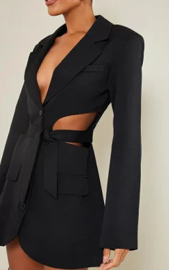 Black Plunge Side Cut Out Tie Detail Blazer Dress