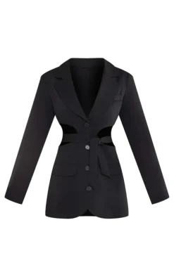 Black Plunge Side Cut Out Tie Detail Blazer Dress