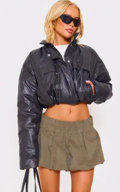 Black Pocket Detail Lightweight Puffer Jacket