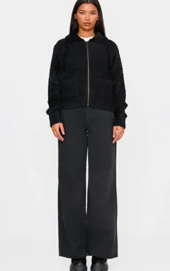 Black Pocket Detail Zip Up Knitted Jacket