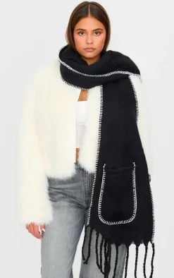 Black Pocket Stitch Detail Tassel Scarf
