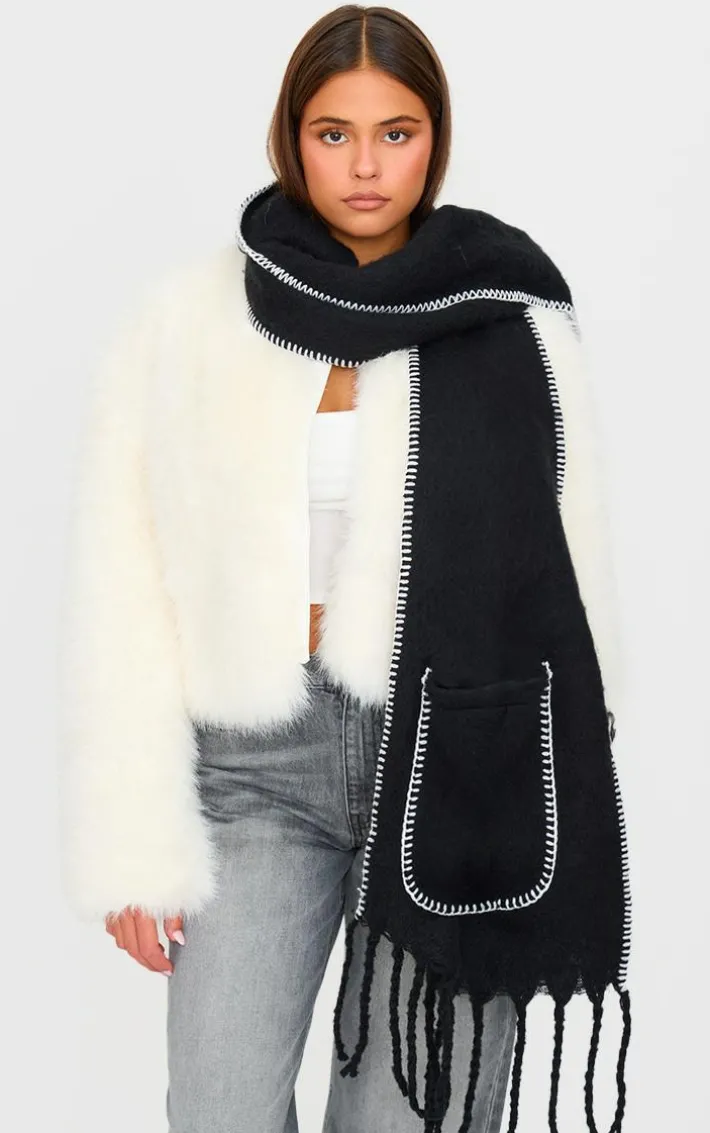 Black Pocket Stitch Detail Tassel Scarf