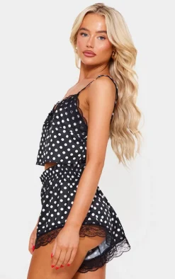 Black Polka Dot Cropped Lace Trim Satin Cami And Short Pj Set