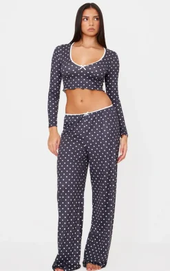 Black Polka Dot Print Long Sleeve Pj Top