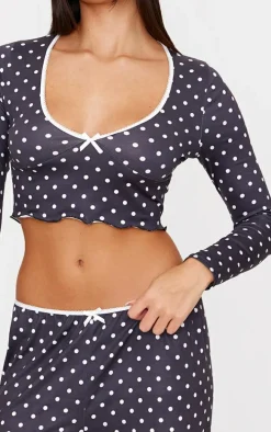 Black Polka Dot Print Long Sleeve Pj Top