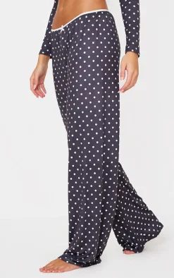 Black Polka Dot Print Wide Leg Pj Pants