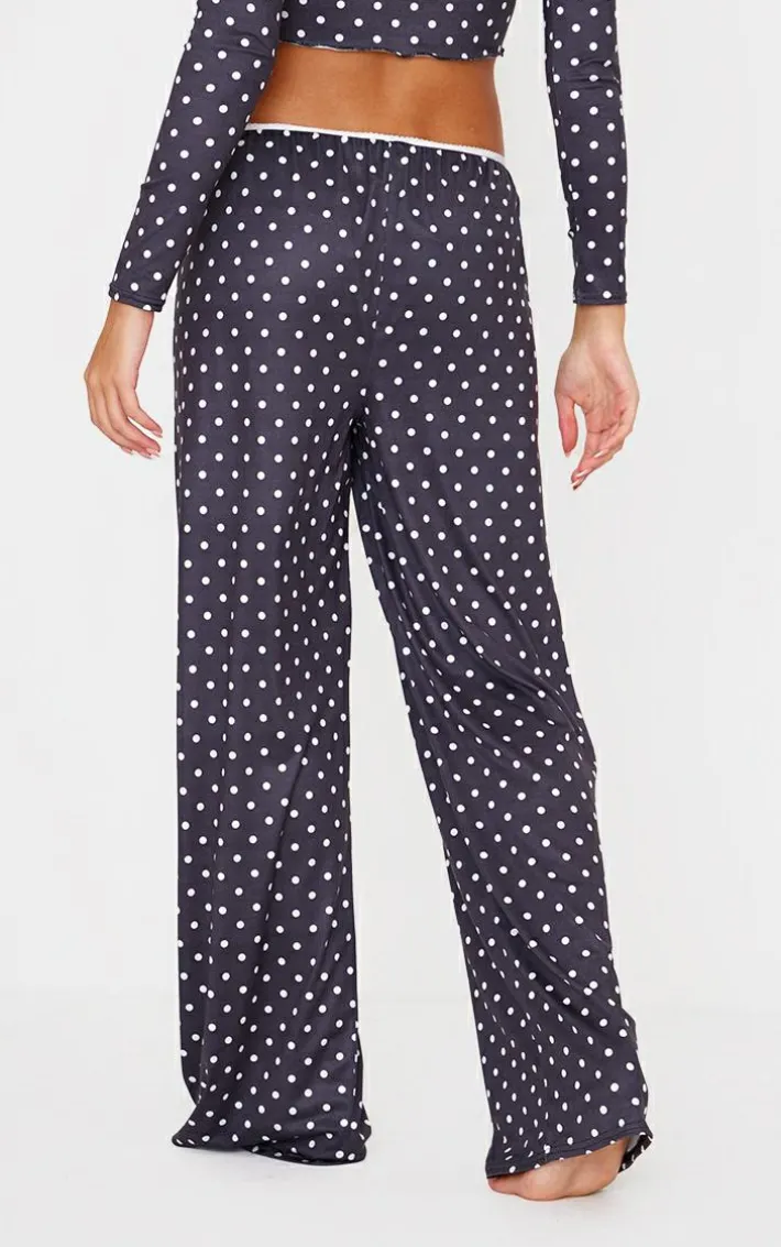 Black Polka Dot Print Wide Leg Pj Pants