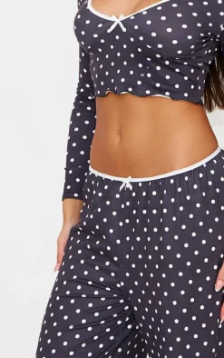 Black Polka Dot Print Wide Leg Pj Pants