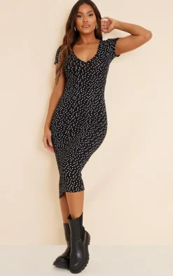 Black Polka Dot Ruched Bust Midi Dress