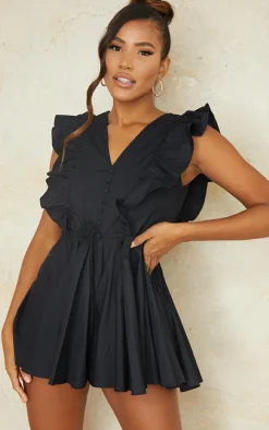 Black Poplin Button Detail Flare Short Romper