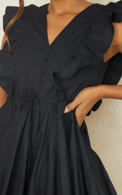 Black Poplin Button Detail Flare Short Romper