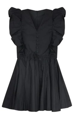 Black Poplin Button Detail Flare Short Romper