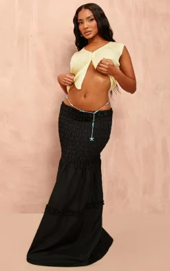 Black Poplin Shirred Dropped Waist Maxi Skirt