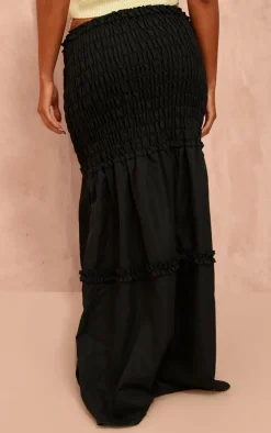 Black Poplin Shirred Dropped Waist Maxi Skirt