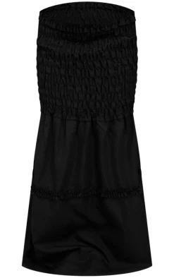 Black Poplin Shirred Dropped Waist Maxi Skirt