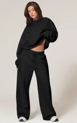 Black Premium Basic Crew Neck Cropped Sweatshirt