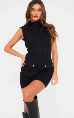 Black Premium Cargo Twill Pocket Detail Bodycon Dress