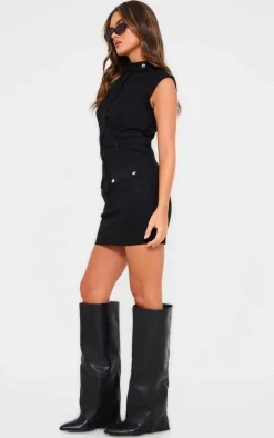 Black Premium Cargo Twill Pocket Detail Bodycon Dress