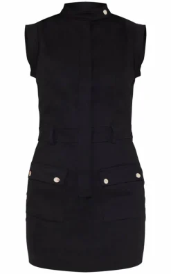 Black Premium Cargo Twill Pocket Detail Bodycon Dress