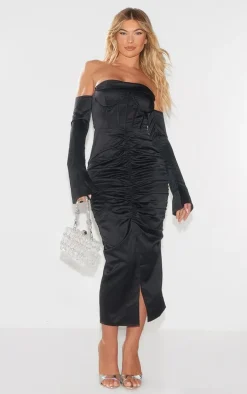 Black Premium Constructed Satin Draped Front Midi Dress