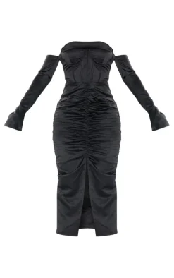 Black Premium Constructed Satin Draped Front Midi Dress
