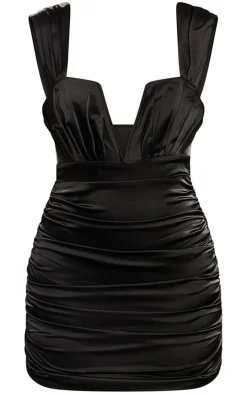 Black Premium Constructed Satin V Bar Ruched Mini Dress