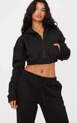 Black Premium Cropped Waistband Detail Hoodie