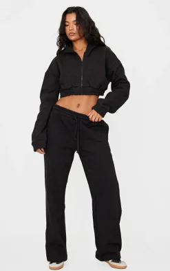 Black Premium Cropped Waistband Detail Hoodie