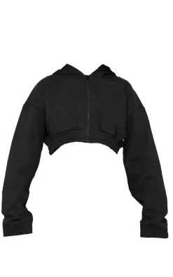 Black Premium Cropped Waistband Detail Hoodie