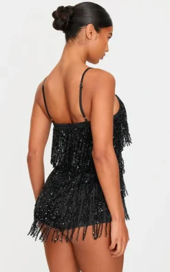 Black Premium Full Embellished Plunge Strappy Romper