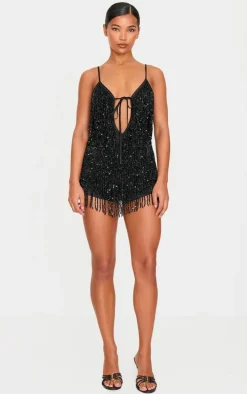 Black Premium Full Embellished Plunge Strappy Romper