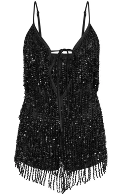 Black Premium Full Embellished Plunge Strappy Romper