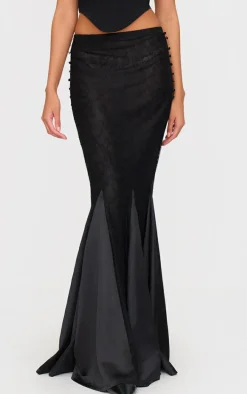 Black Premium Lace Satin Hem Detail Fishtail Maxi Skirt