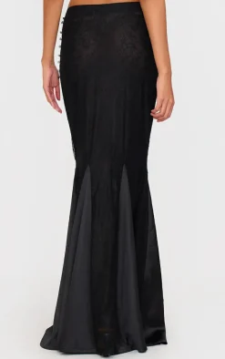 Black Premium Lace Satin Hem Detail Fishtail Maxi Skirt