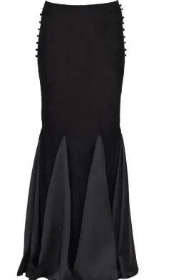 Black Premium Lace Satin Hem Detail Fishtail Maxi Skirt